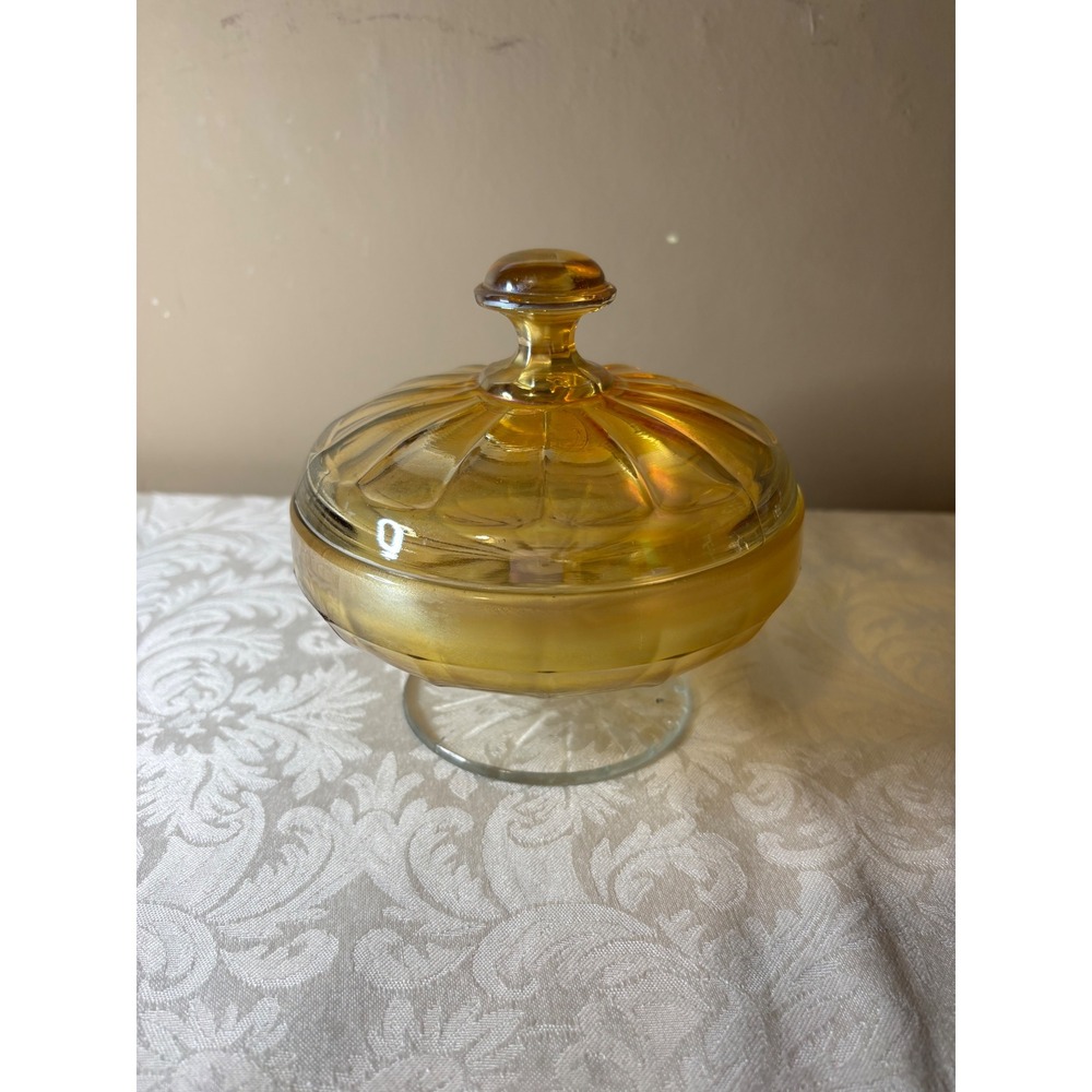 Jeannette Marigold Carnival Glass Covered Candy Nut Dish Pedestal Compote VTG